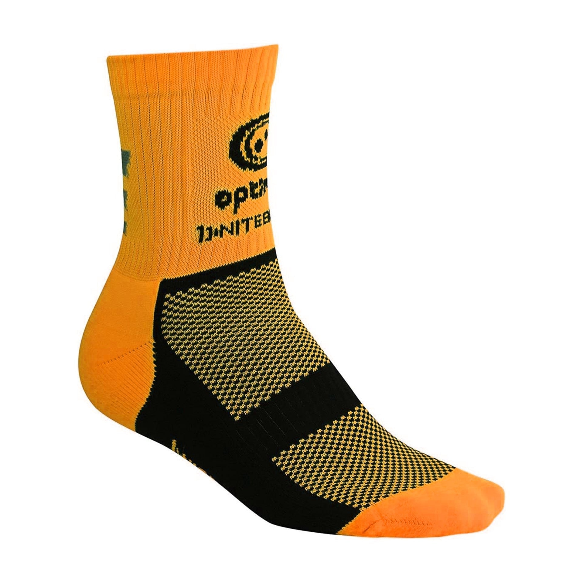 Fluro orange Optimum NiteBrite cycling sock with black mesh sole and logo, side view on white - Optimum