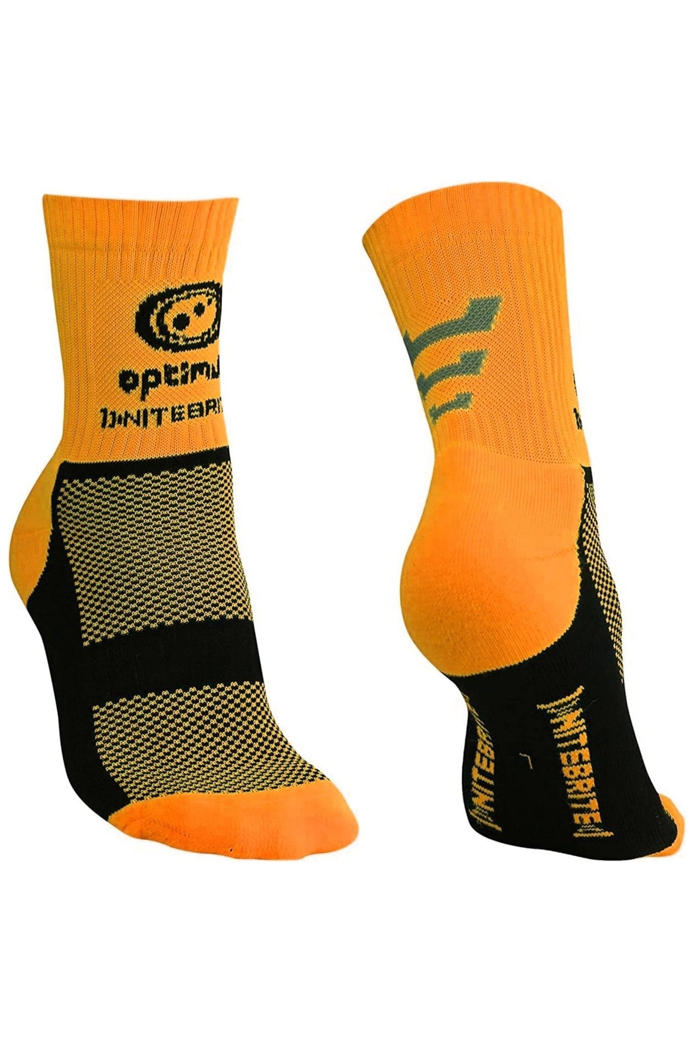 Pair of fluro orange Optimum NiteBrite cycling socks, front and back views with black soles, on white - Optimum