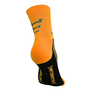 Fluro orange Optimum NiteBrite cycling sock, rear view with black sole and green stripes, on white - Optimum