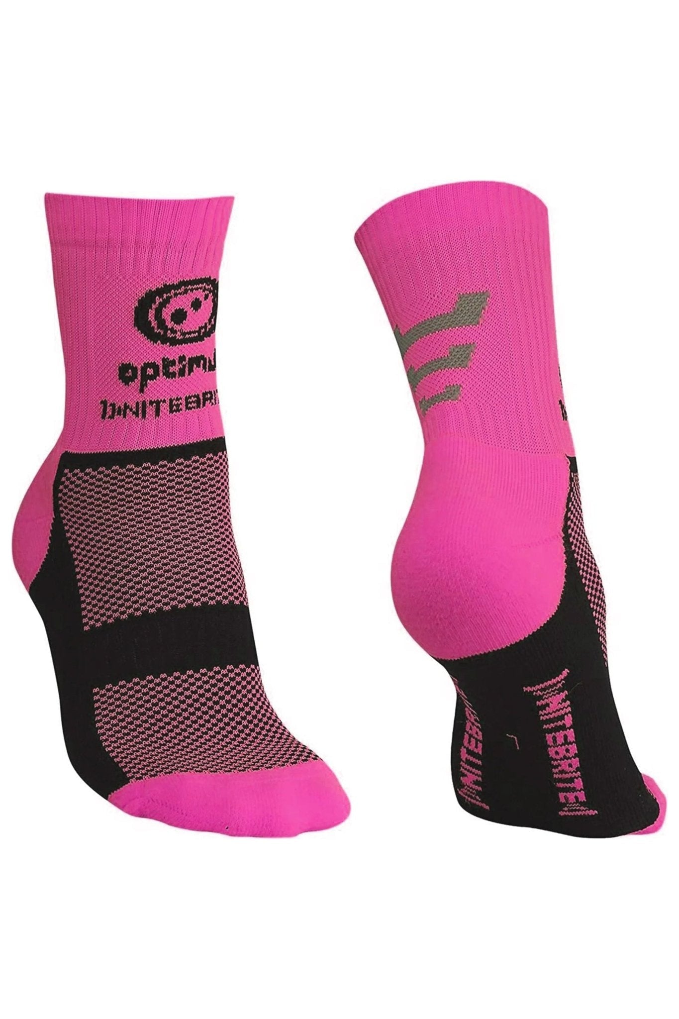 Pair of fluro pink Optimum NiteBrite cycling socks, front and back views with black soles, on white - Optimum