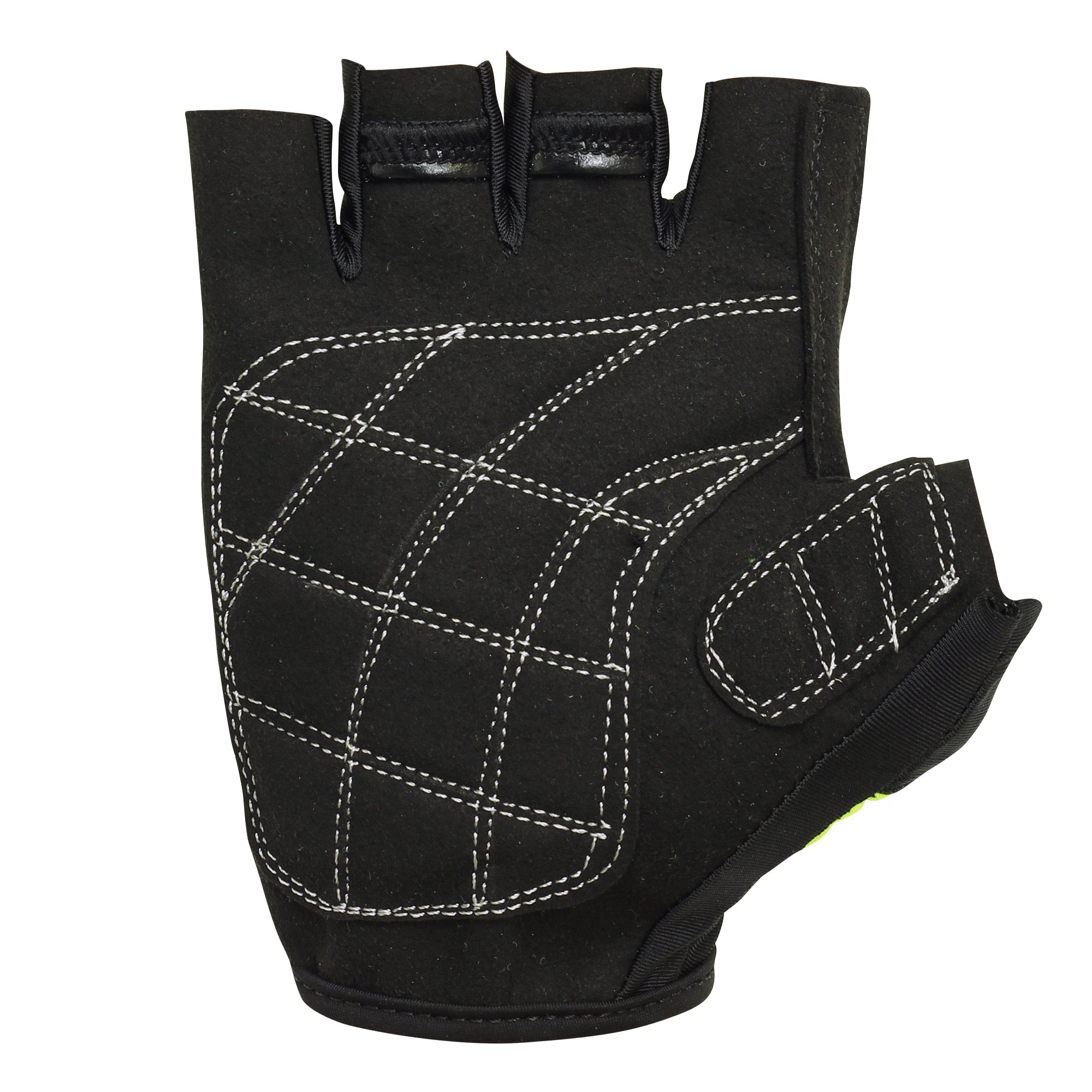 NiteBrite half-finger cycling glove, black quilted padded palm with white stitching, on white - Optimum