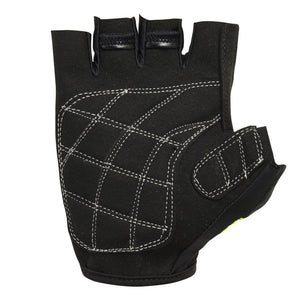 NiteBrite half-finger cycling glove, black quilted padded palm with white stitching, on white - Optimum