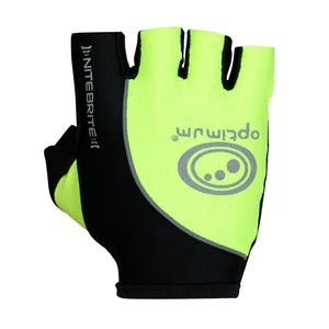 Fluorescent yellow and black NiteBrite half-finger cycling glove, back view with logo, on white - Optimum