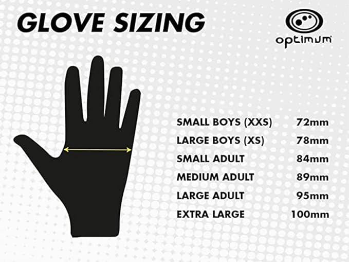 Optimum glove sizing chart with black hand silhouette and size measurements on white - Optimum