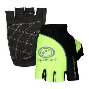 NiteBrite half-finger cycling gloves pair, black quilted palm and fluorescent yellow back, on white - Optimum