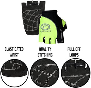 NiteBrite half-finger gloves infographic: elasticated wrist, quality stitching and pull-off loops - Optimum