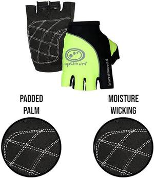 NiteBrite half-finger cycling gloves infographic showing padded palm and moisture-wicking details - Optimum