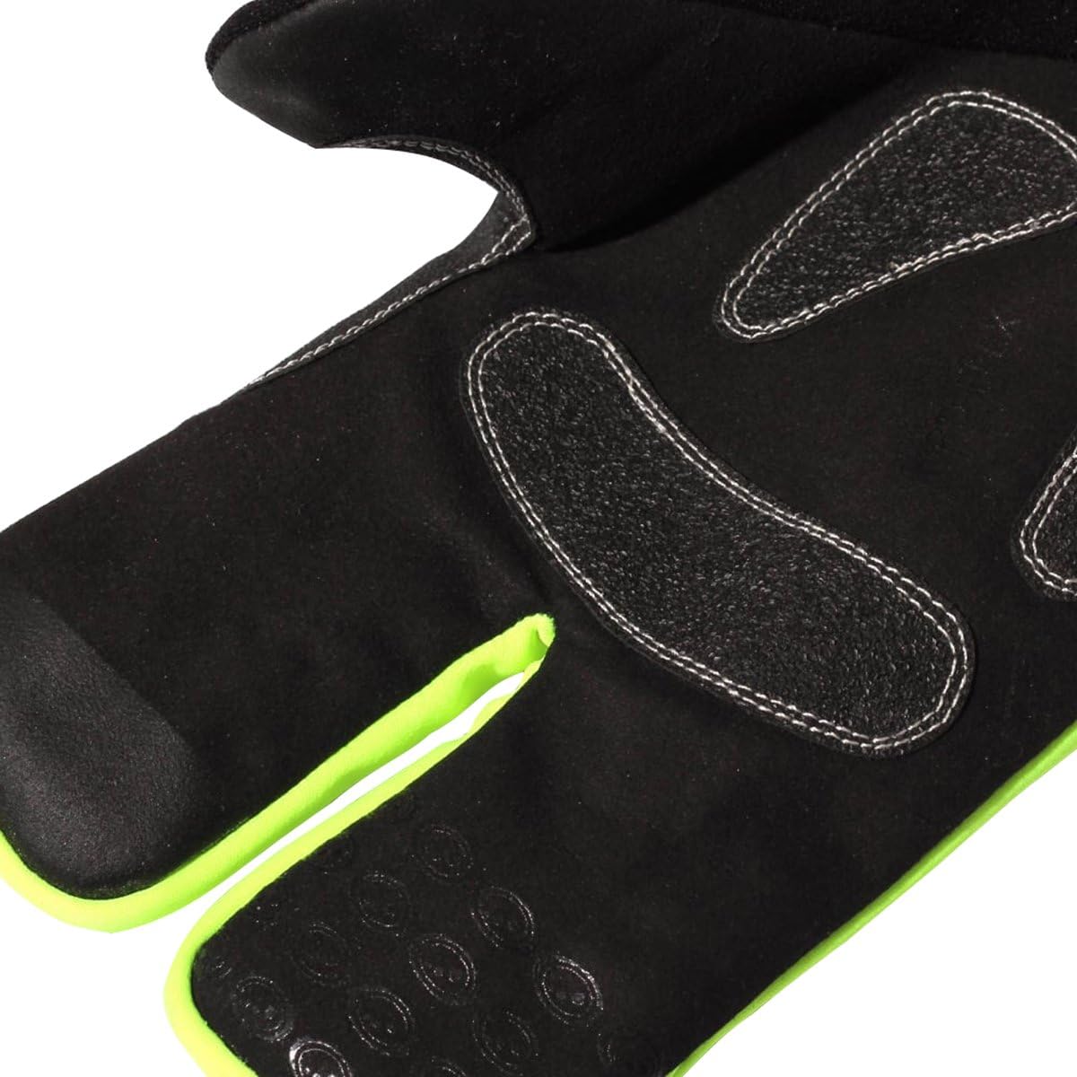Close-up of Optimum NiteBrite glove black palm with textured grip pads and fluro yellow trim, on white - Optimum