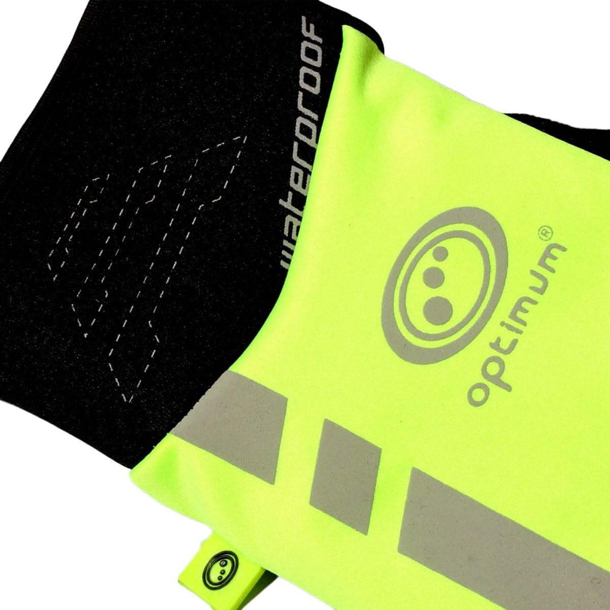 Close-up of Optimum NiteBrite glove fluro yellow back with reflective logo and strip, waterproof label, on white - Optimum