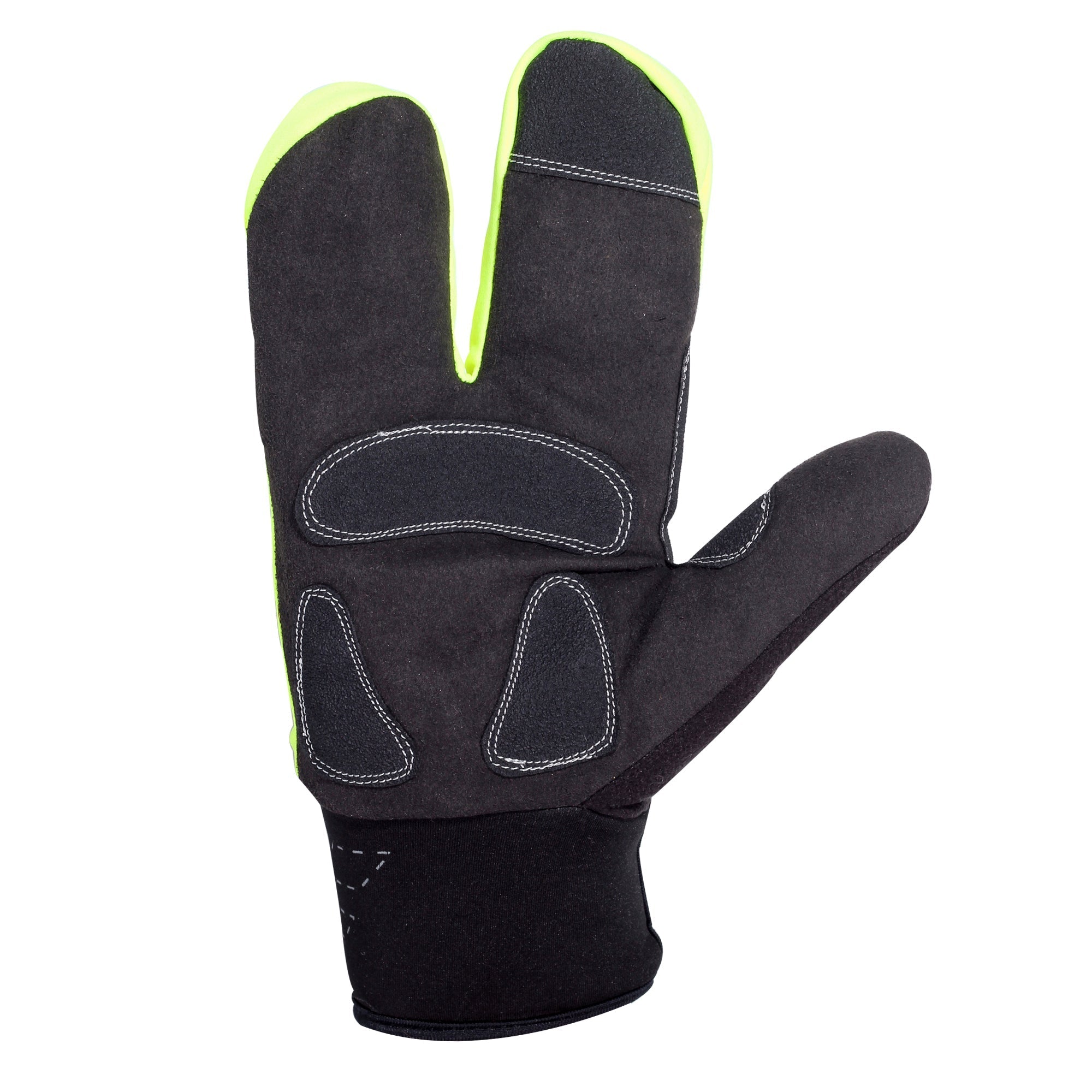 Optimum NiteBrite lobster cycling glove palm view, black padded grip palm with fluro yellow trim, on white - Optimum