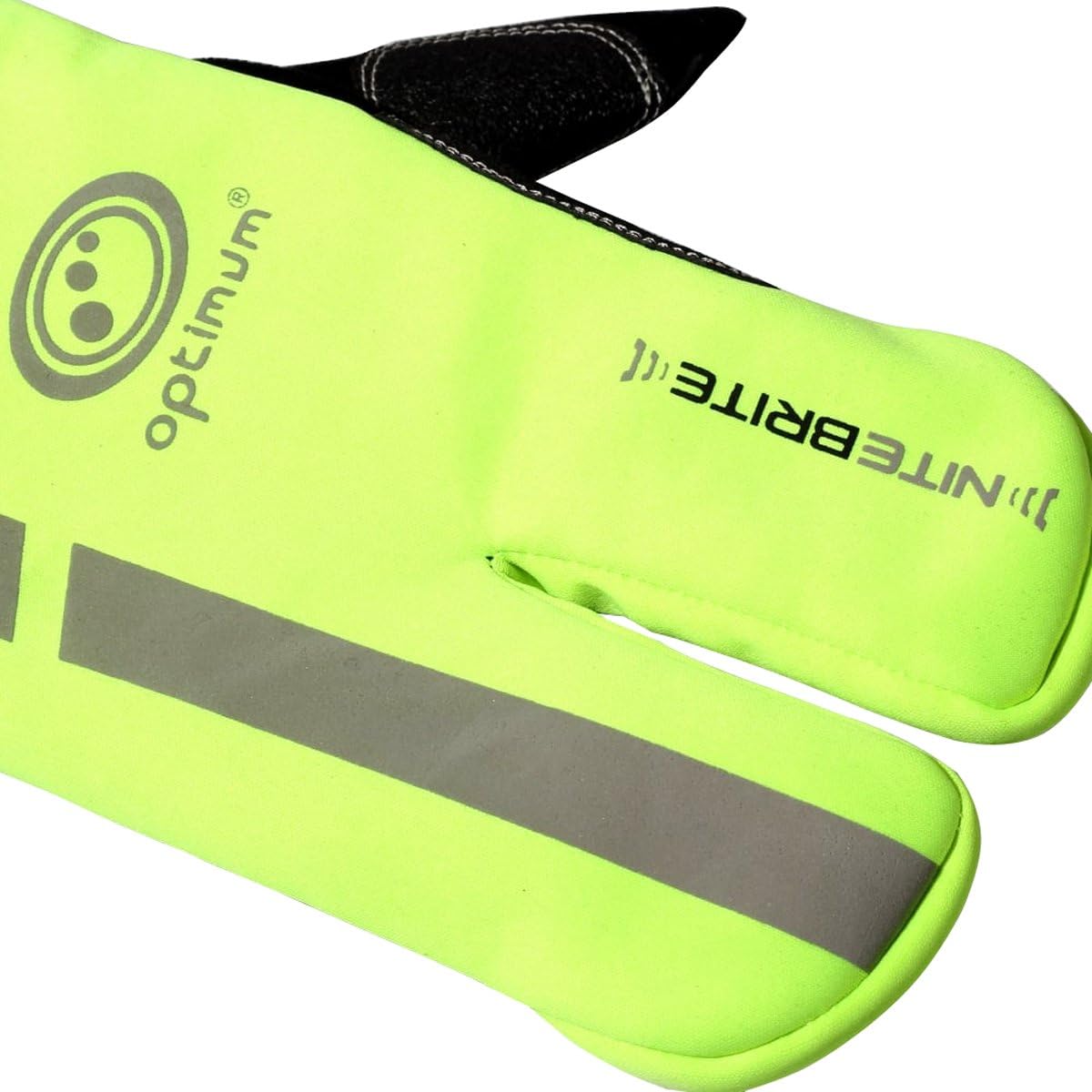 Close-up of Optimum NiteBrite glove fluro yellow back with reflective logo, branding and strip, on white - Optimum
