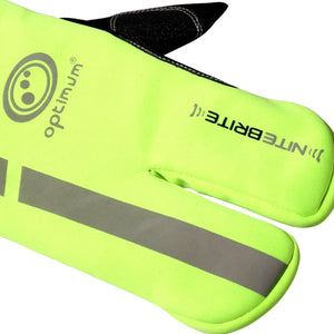 Close-up of Optimum NiteBrite glove fluro yellow back with reflective logo, branding and strip, on white - Optimum
