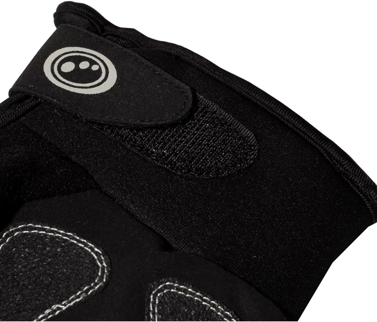 Close-up of Optimum NiteBrite glove black cuff with hook-and-loop strap and reflective logo, on white - Optimum