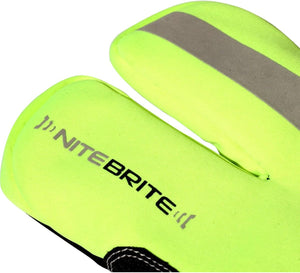 Close-up of Optimum NiteBrite glove fluro yellow fingers with branding and reflective strip, on white - Optimum