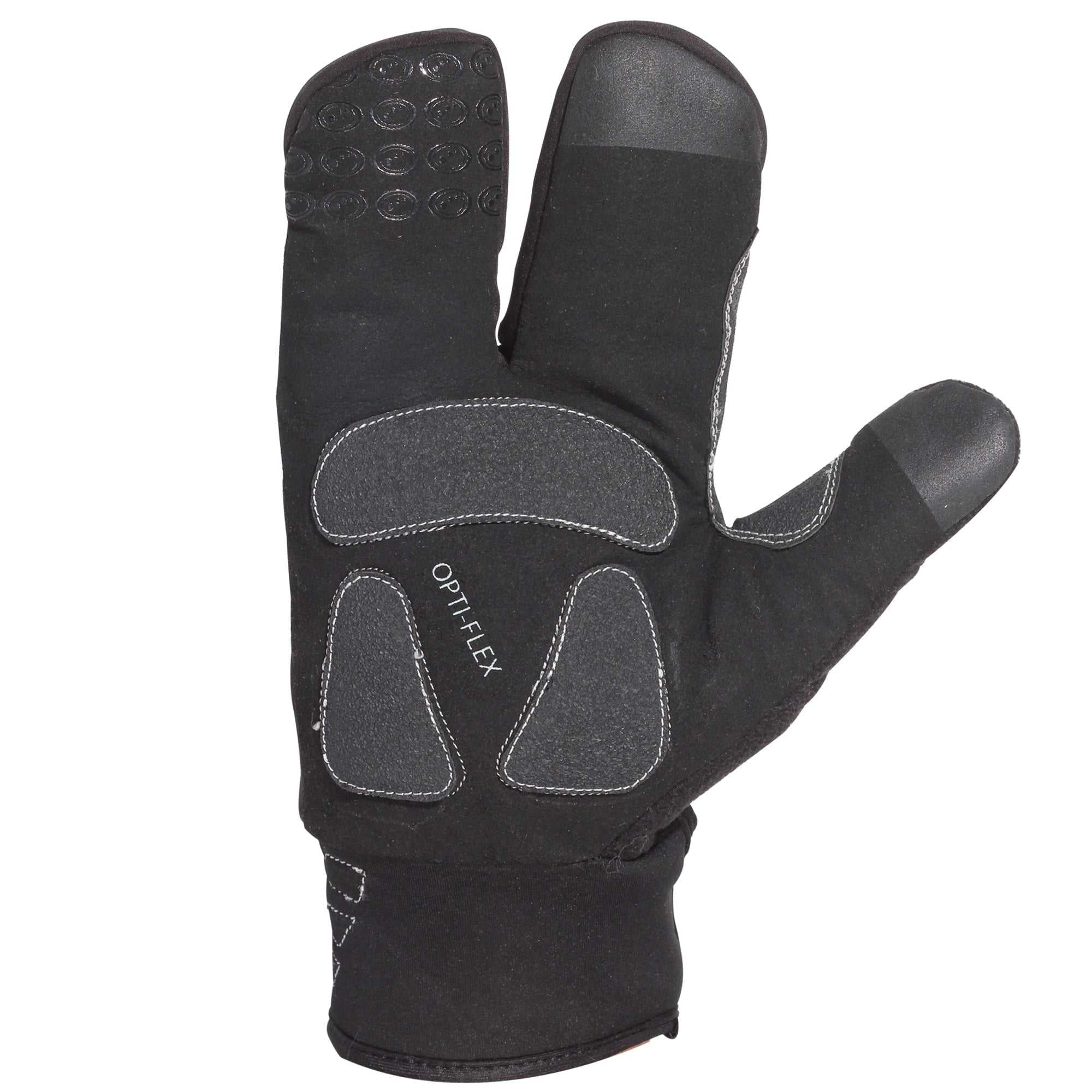 Black three-finger lobster cycling glove, palm view with grey Opti-Flex padding and grip, on white - Optimum