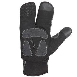 Black three-finger lobster cycling glove, palm view with grey Opti-Flex padding and grip, on white - Optimum