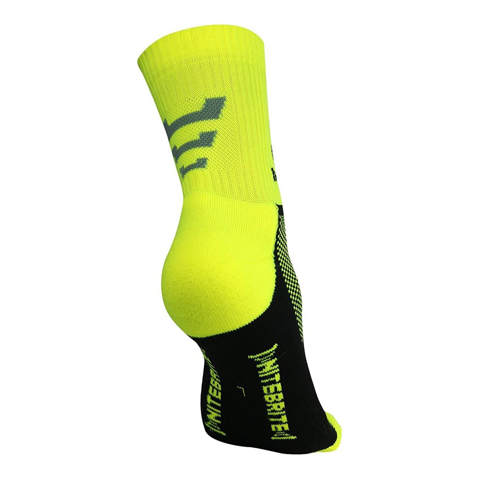Fluro yellow Optimum NiteBrite cycling sock, rear view with black sole and grey stripes, on white - Optimum