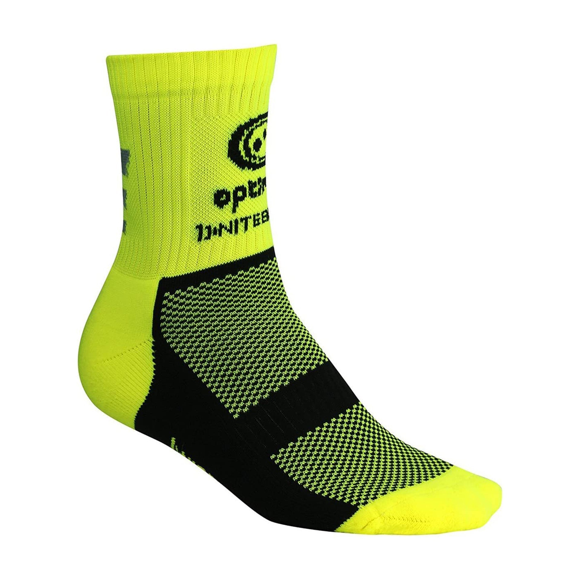 Fluro yellow Optimum NiteBrite cycling sock with black mesh sole and logo, side view on white - Optimum
