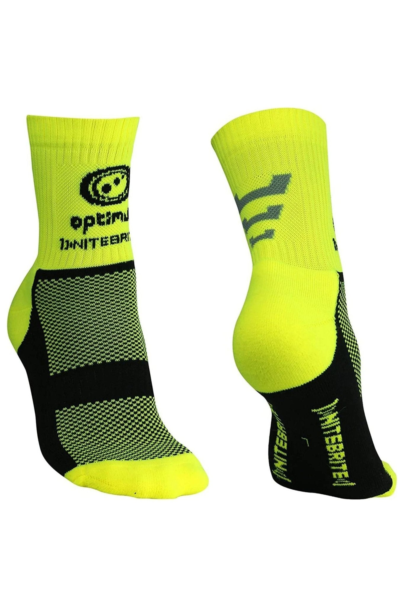 Pair of fluro yellow Optimum NiteBrite cycling socks, front and back views with black soles, on white - Optimum