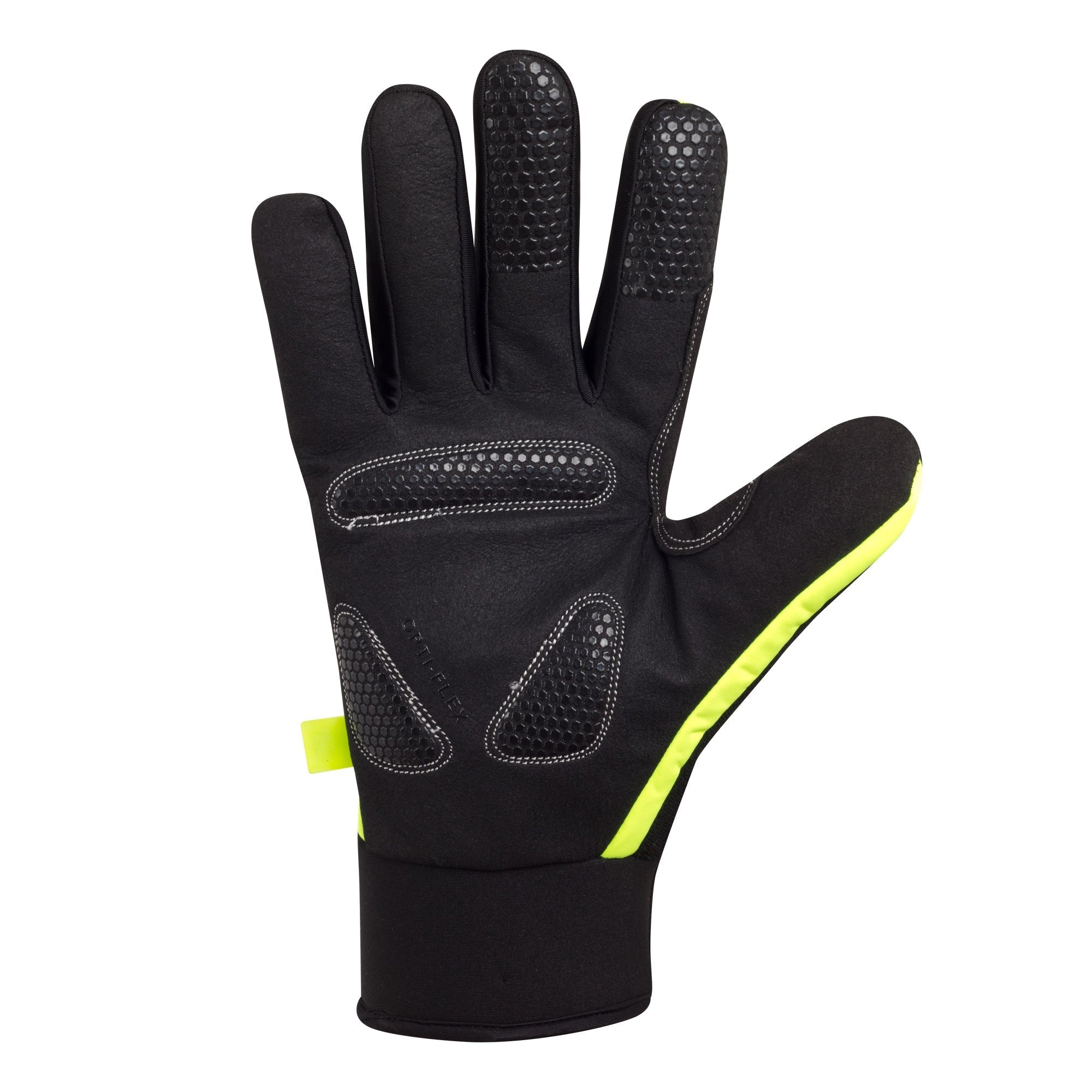 Black Optimum NiteBrite cycling glove palm with grip pads and fluorescent yellow trim, on white - Optimum