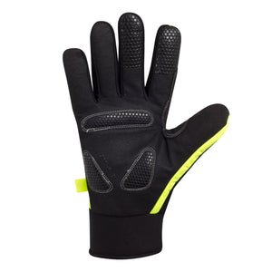Black Optimum NiteBrite cycling glove palm with grip pads and fluorescent yellow trim, on white - Optimum
