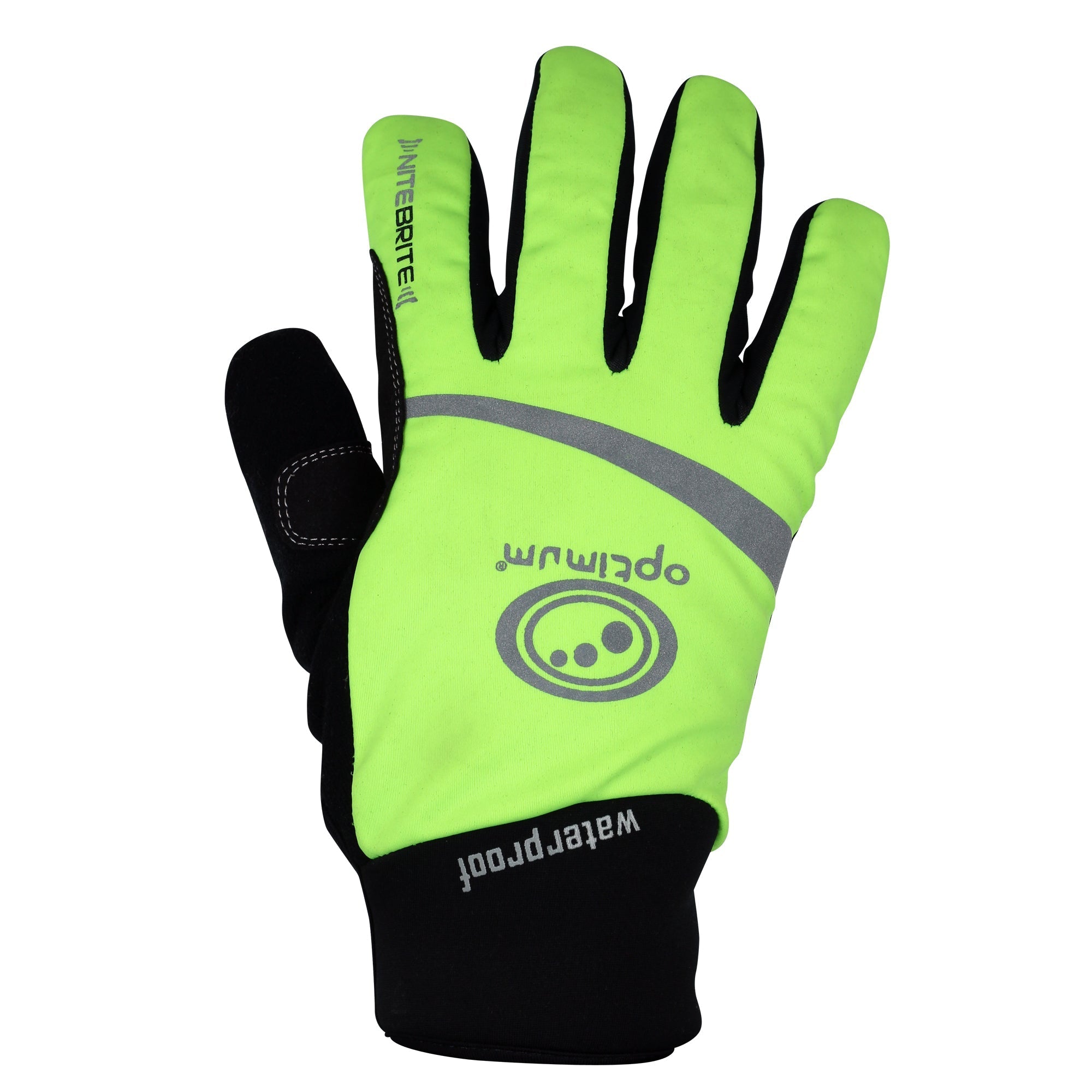 Fluorescent yellow Optimum NiteBrite waterproof cycling glove, back view with reflective strip and logo, black palm - Optimum