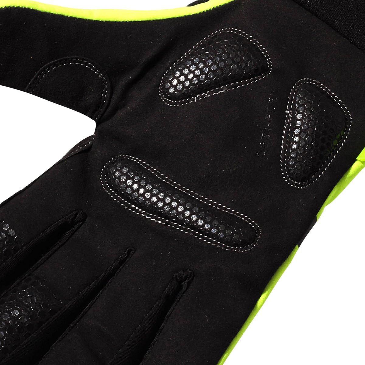 Close-up of black padded grip palm on Optimum NiteBrite cycling glove with fluorescent yellow trim - Optimum