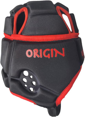 Black Origin rugby headguard, red trim and Origin print, side view with ear ventilation holes - Optimum