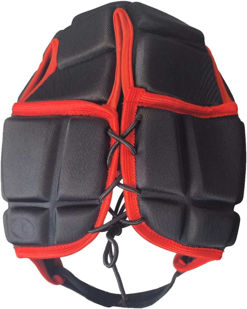 Black Origin rugby headguard with red trim, rear view with lace-up cord closure and chin strap - Optimum