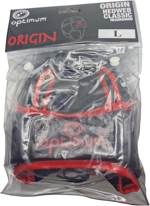 Black Origin Hedweb Classic rugby headguard in clear Optimum retail packaging, size L - Optimum