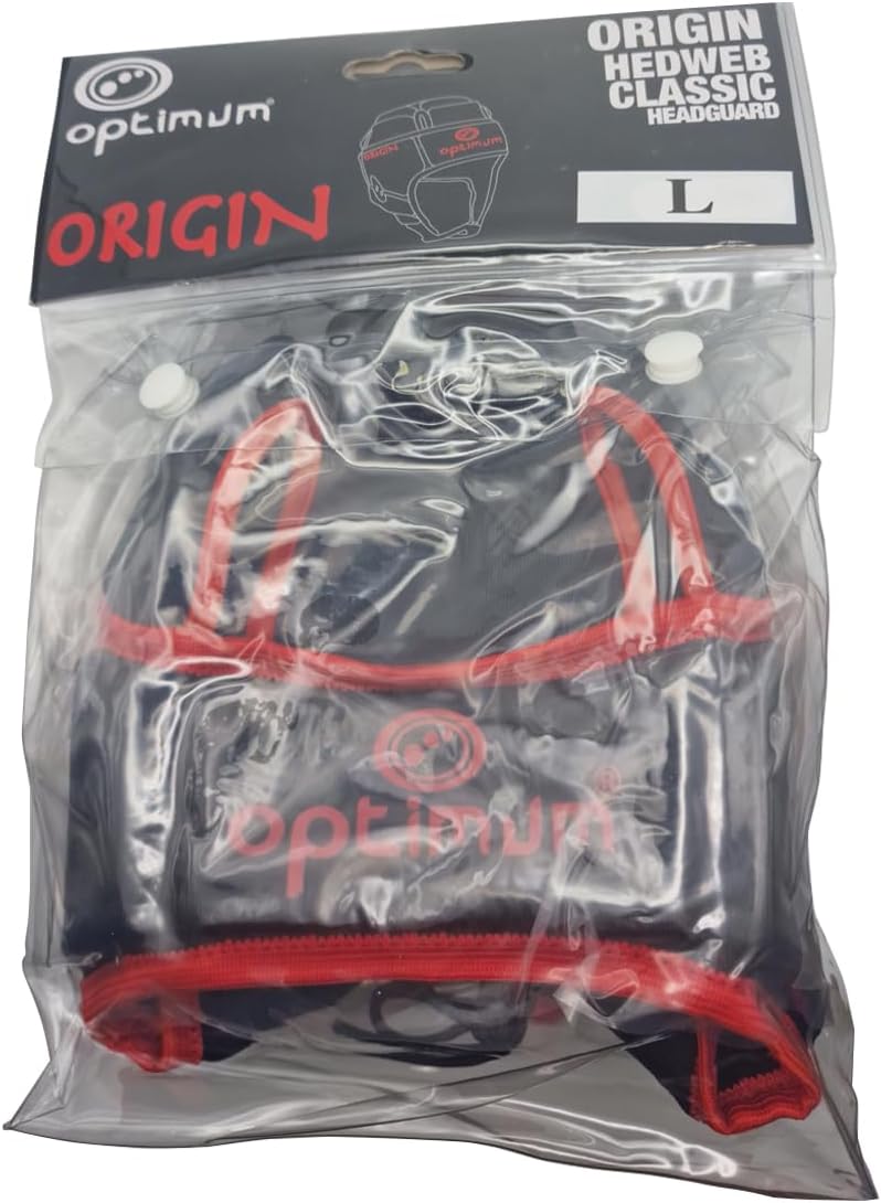 Black Origin Hedweb Classic rugby headguard in clear Optimum retail packaging, size L - Optimum