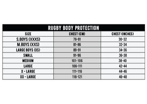 Optimum rugby body protection size chart with chest measurements in cm and inches - Optimum