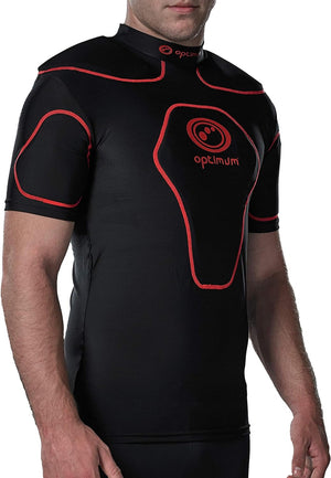 Black Optimum Origin rugby protective top with red trim and shoulder padding, worn three-quarter view - Optimum