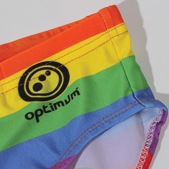 Optimum Tackle Trunks swim brief, close-up of hip with black Optimum logo on rainbow stripe print - Optimum
