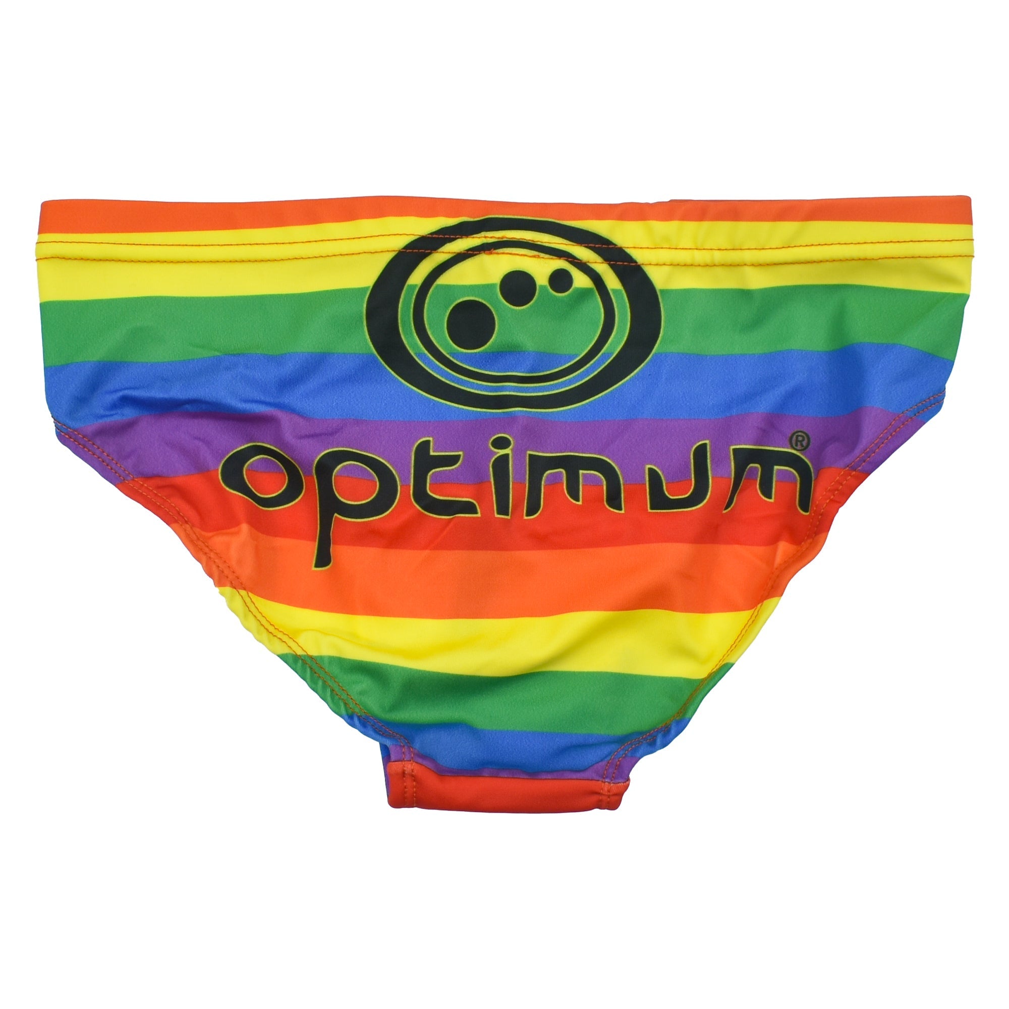 Optimum Tackle Trunks swim brief in horizontal rainbow stripes, flat front with black Optimum logo - Optimum