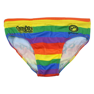 Optimum Tackle Trunks swim brief in horizontal rainbow stripes, flat front with tackle trunks and Optimum logos - Optimum