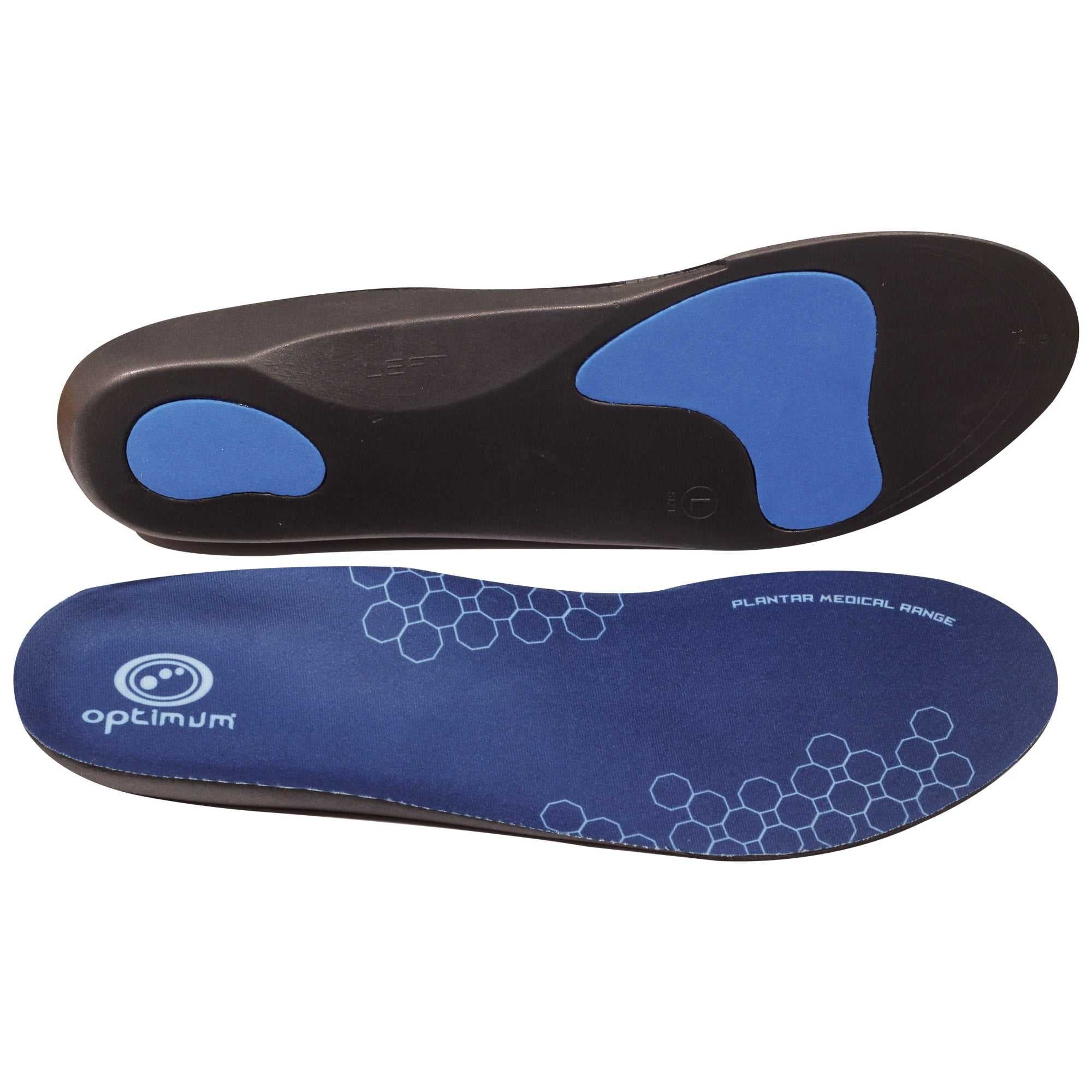 Optimum plantar fasciitis insoles showing black gel-pad underside and blue printed top, on white - Optimum