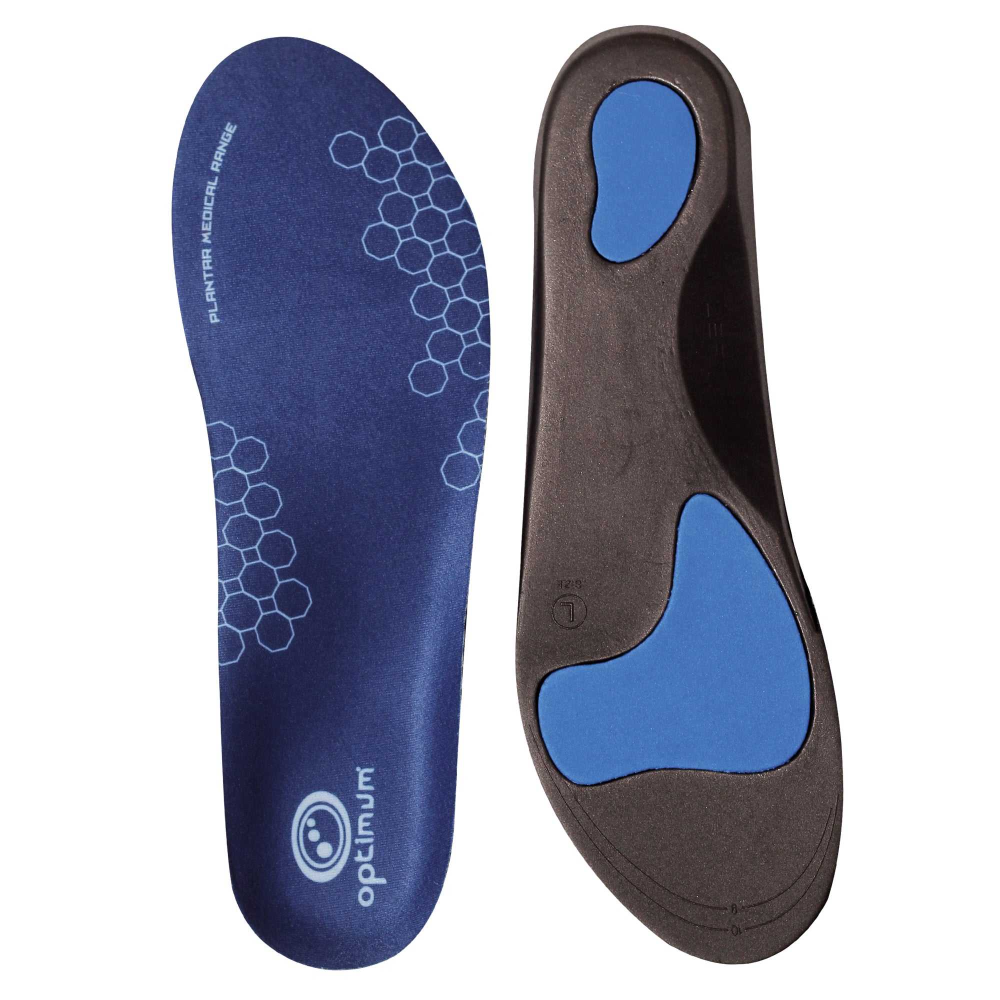 Blue and black Optimum plantar fasciitis insoles, top and underside with blue gel pads, on white - Optimum
