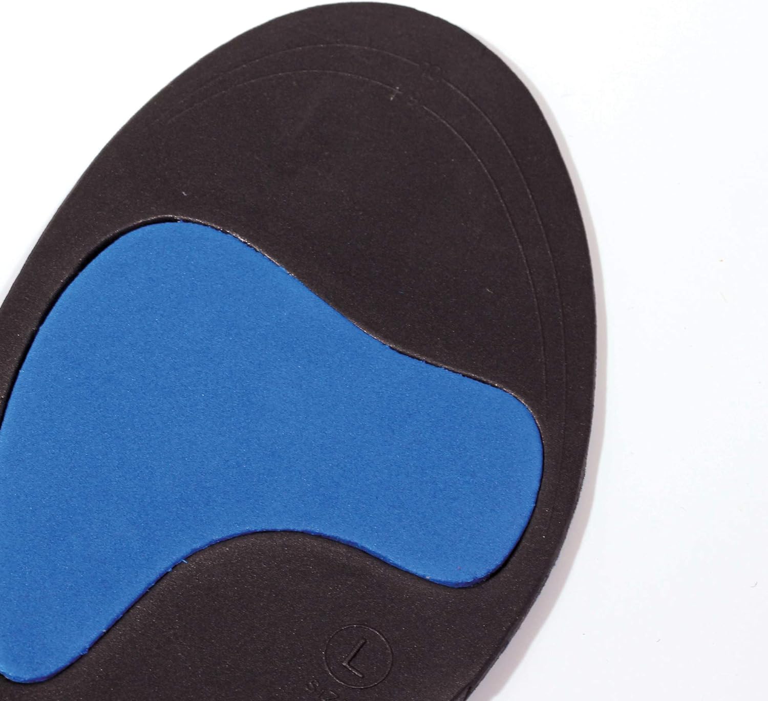 Close-up of Optimum plantar fasciitis insole forefoot underside with large blue gel pad, on white - Optimum