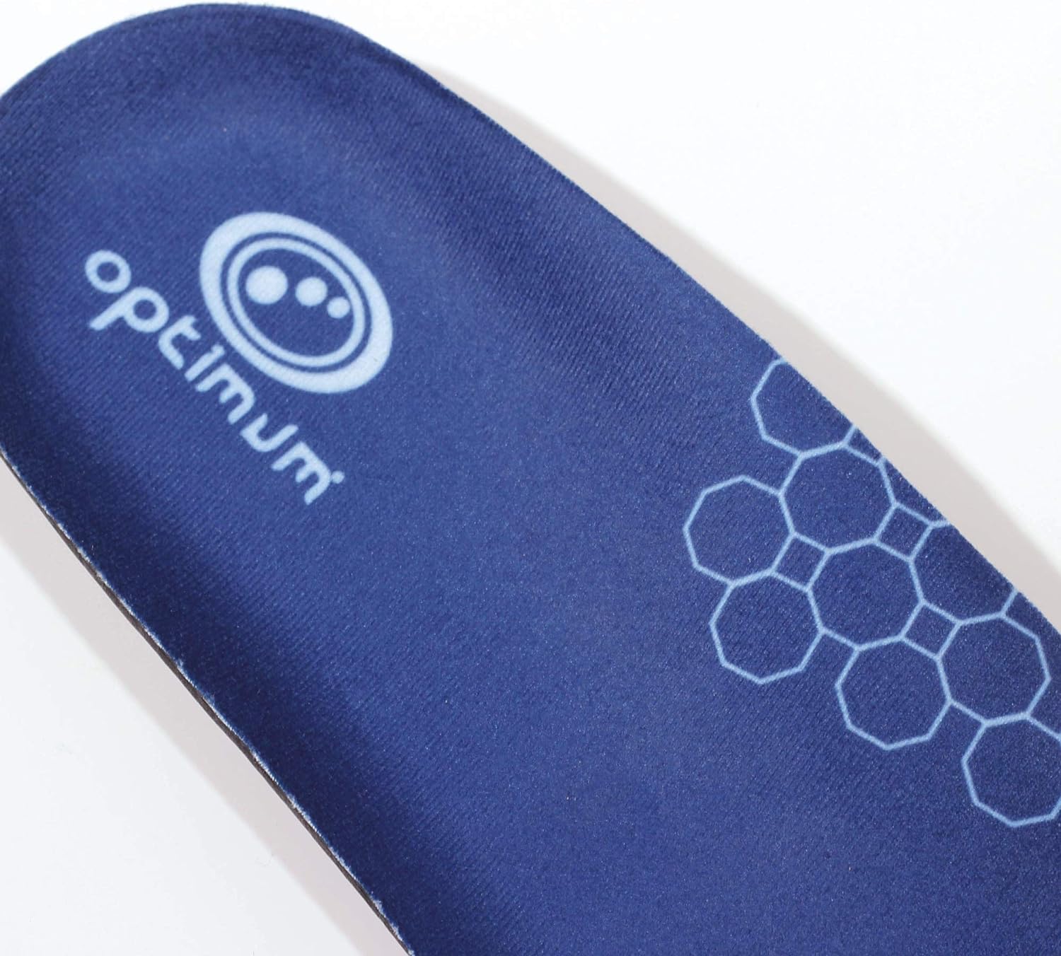 Close-up of blue Optimum plantar fasciitis insole top with logo and hexagon print - Optimum