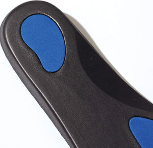 Close-up of Optimum plantar fasciitis insole heel underside with blue gel pad, on white - Optimum