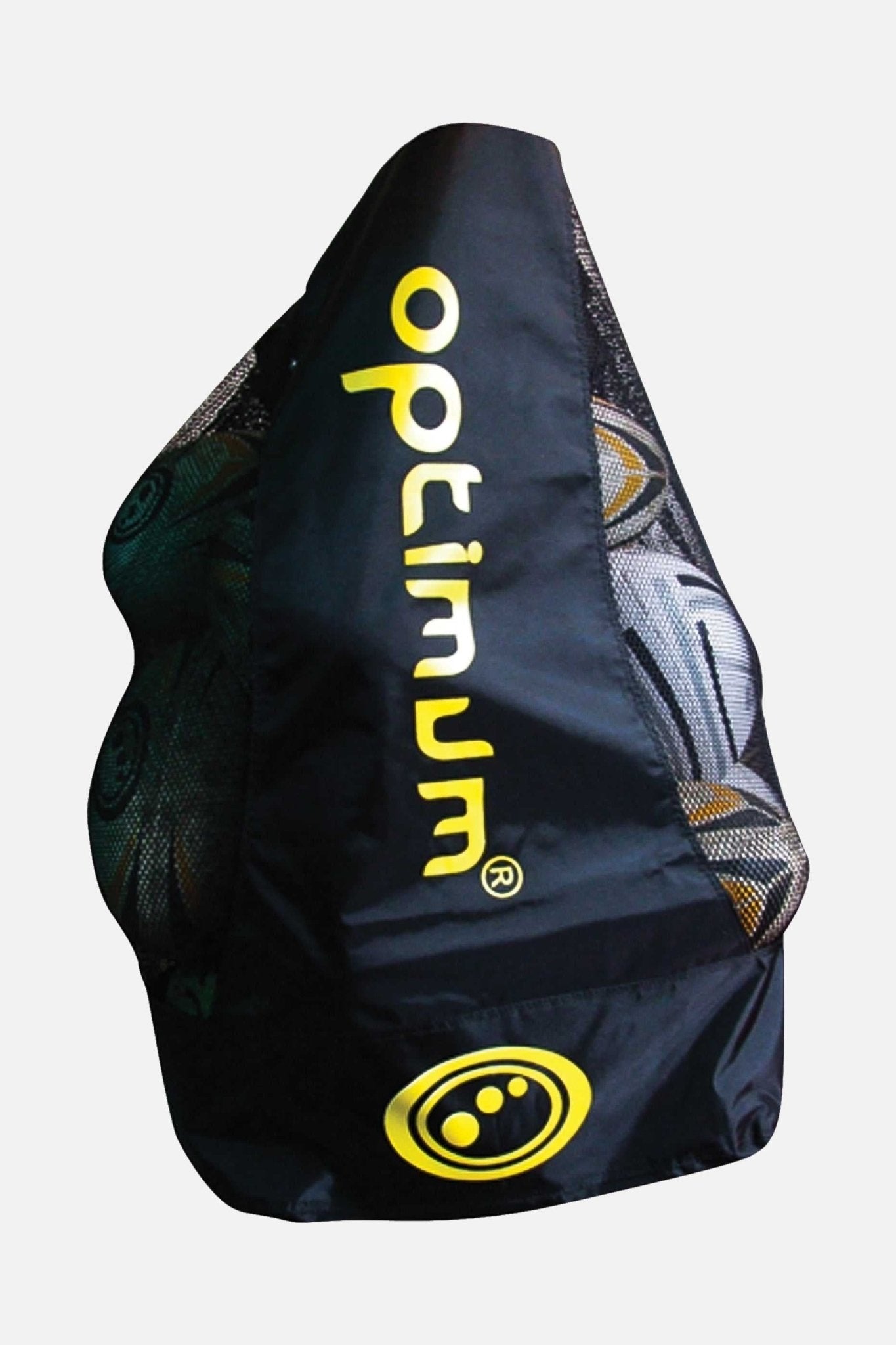 Black mesh Optimum ball carrier bag holding rugby balls with yellow vertical logo, on white - Optimum