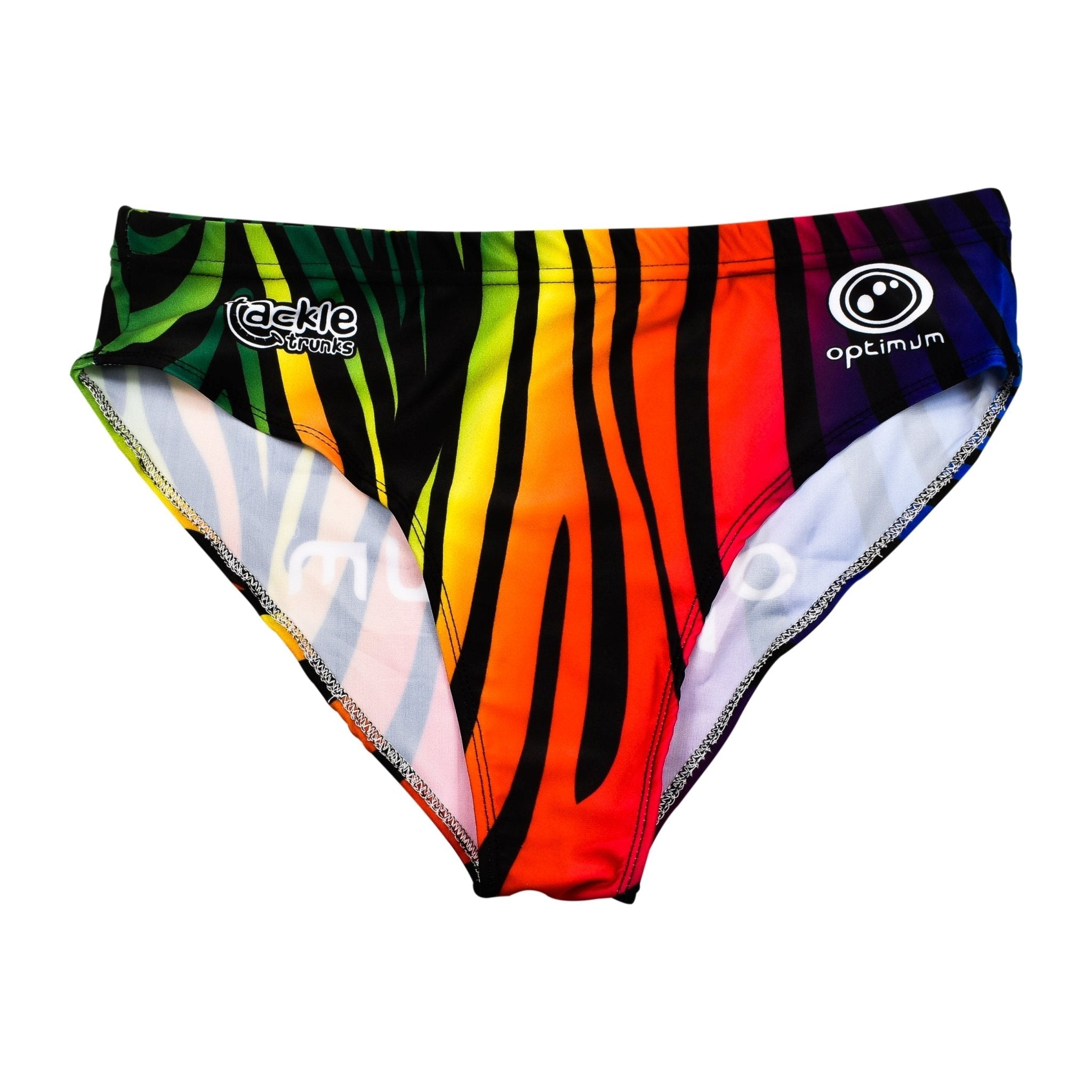 Optimum Tackle Trunks swim brief in rainbow zebra stripe print, flat front with tackle trunks and Optimum logos - Optimum