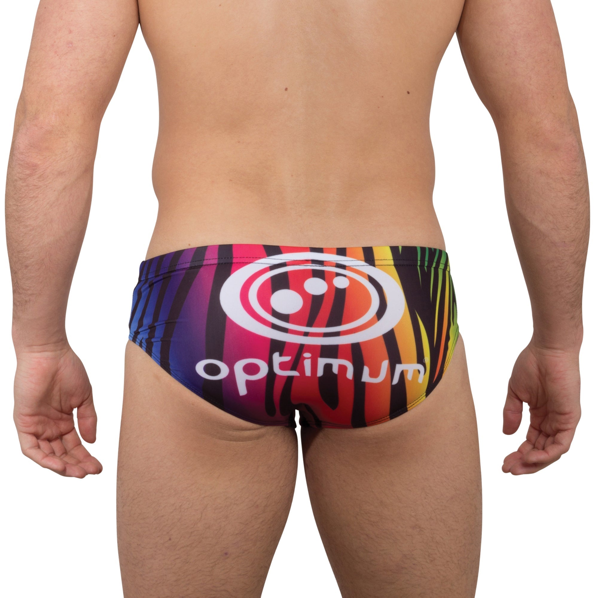 Rainbow zebra print Optimum tackle trunks, rear view on model with white halftone logo and Optimum text - Optimum