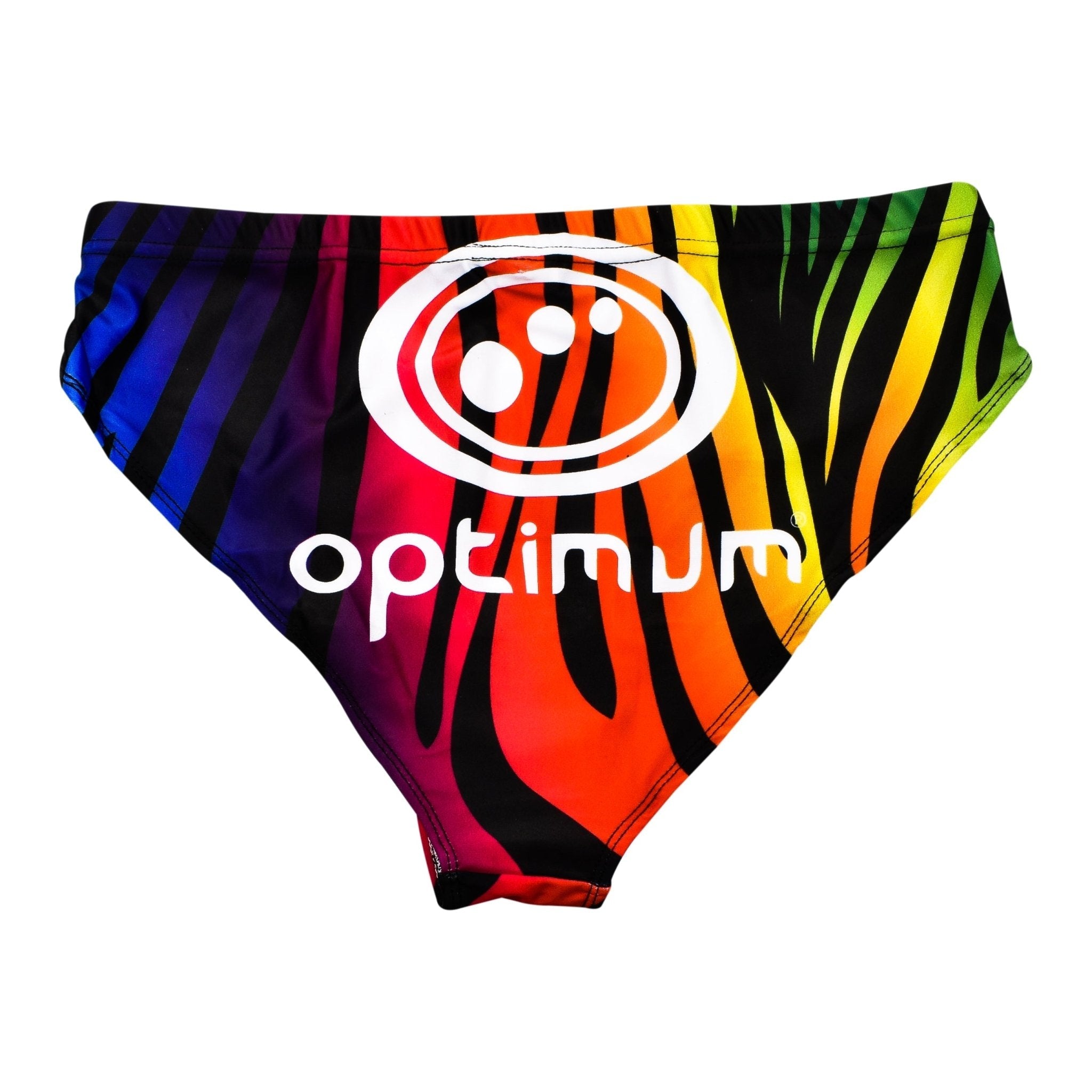 Optimum Tackle Trunks swim brief in rainbow zebra stripe print, flat front with white Optimum logo - Optimum