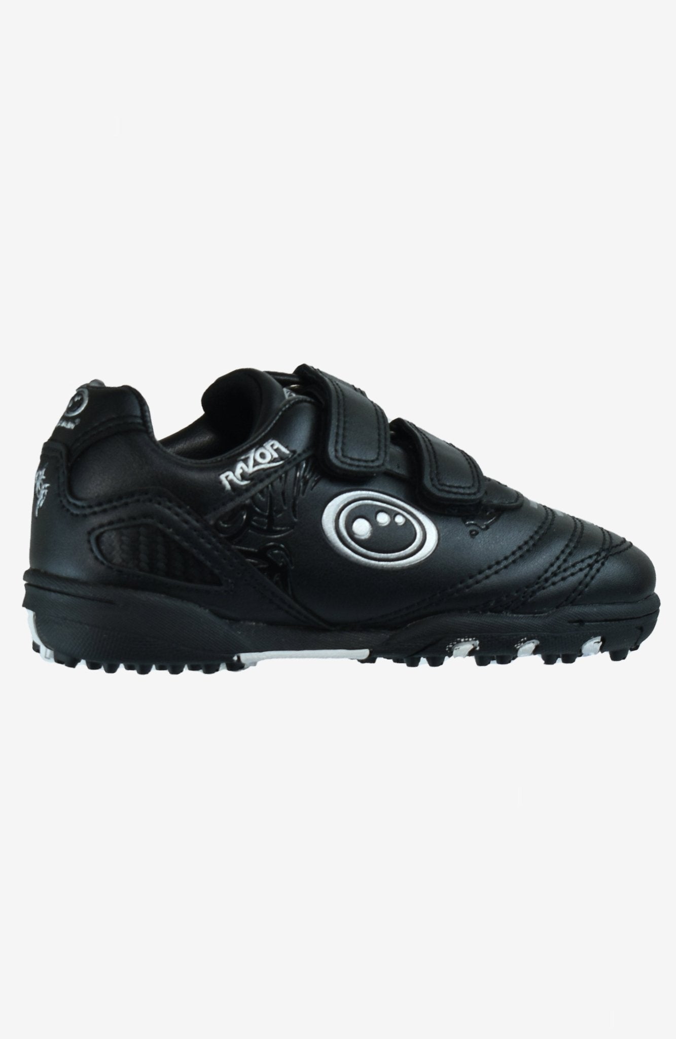 Black Optimum Razor astro trainer side view with silver Razor logo, twin straps and studded sole - Optimum