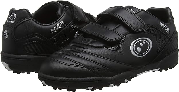 Pair of black Optimum Razor astro trainers with straps, silver logo and studded soles, on white - Optimum