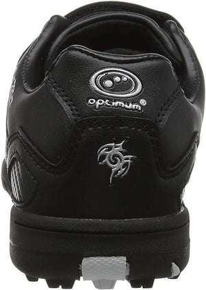 Black Optimum Razor astro trainer rear heel view with silver logo and tribal graphic, on white - Optimum