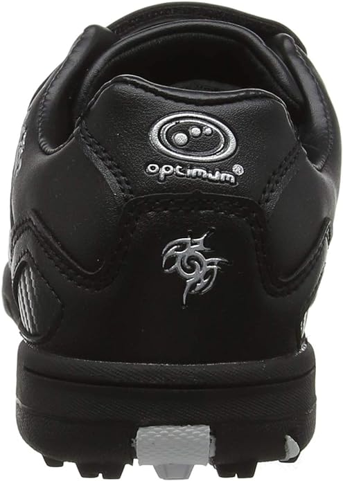Black Optimum Razor astro trainer rear heel view with silver logo and tribal graphic, on white - Optimum