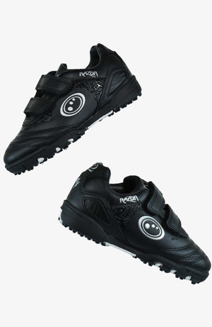 Pair of black Optimum Razor astro trainers with silver Razor branding and studded soles, on white - Optimum